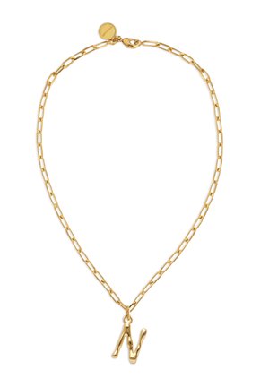 Collar de cadena dorada con eslabones alargados que presenta un colgante con la letra "N" ondulada y una pequeña placa redonda cerca del cierre.