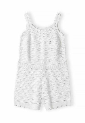 Biały romper bez rękawów z koronki szydełkowej z falistymi krawędziami na pasku i nogawkach szortów.