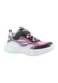 Zapatillas deportivas negras y rosas con parte superior de malla, que presentan una entresuela blanca, acentos negros y un patrón de olas en rosa y azul claro.