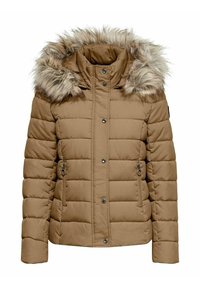 Hnědá zateplená bunda s kapucí s kožichovým lemováním, zapínáním na zip a patentkami. Obsahuje horizontální prošívání po celém povrchu.