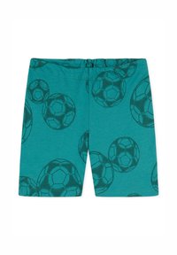 Teal short met een elastische tailleband, met een patroon van omrande voetballen in een donkerder teal. Gemaakt van zachte, lichte stof.