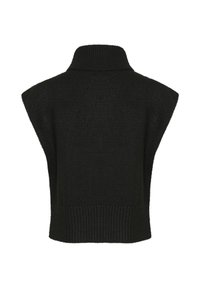 Čierny pletený sveter s vysokým golierom, krátkymi rukávmi a rebrovaným lemom. Tkanina má jemnú textúru a jednofarebný vzor.