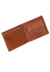 Braune Lederbörse, bi-fold Design, glatte Textur, vier Kartensteckplätze auf einer Seite, eine einzige Tasche auf der anderen, saubere Nähte.