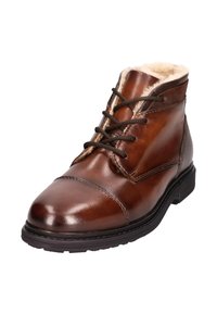 Botín de piel marrón con acabado suave, diseño con cordones, cuello acolchado, forro de pelaje ligero y suela de goma para un mejor agarre.