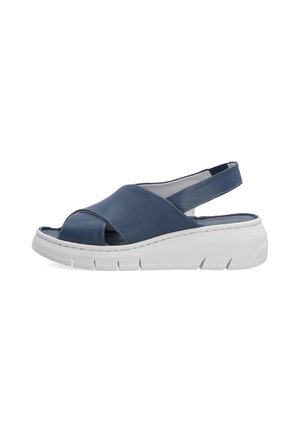 Marineblauwe leren sandalen met een open teen en slingback ontwerp. Dikke witte zool met groeven voor grip en comfort.