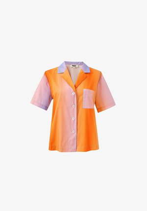 Button-up shirt in gradient orange and lavender. Short sleeves, pointed collar, single chest pocket, and five white buttons down the front.