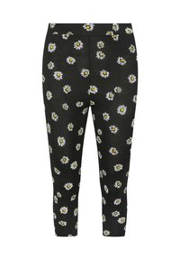 Svarta leggings med ett utspritt mönster av prästkragar i vitt och gult. Dessa capri-längd byxor har en mjuk textur och ett elastiskt midjeband.