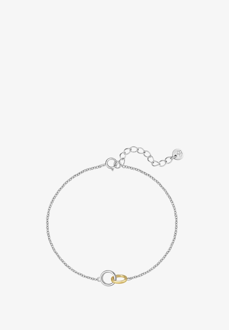 Jemný náramok zo striebornej retiazky s dvoma prepojenými krúžkami, jeden strieborný a jeden zlatý, a nastaviteľným zapínaním s retiazkovými očkami.