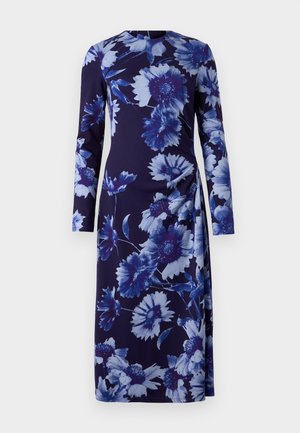 Navy dress with long sleeves featuring a blue floral pattern, wrap design, and soft texture. Designed for a fitted silhouette.