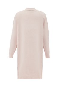 Cardigan lungo rosa chiaro a maniche lunghe, in morbido materiale a maglia, con polsini e orlo a coste, vista posteriore, con aperture laterali per facilitare i movimenti.