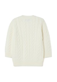 Weißer Kabelstrickpullover mit strukturiertem Muster, Rundhalsausschnitt sowie gerippten Manschetten und Saum. Weicher Stoff mit einem gemütlichen Aussehen.