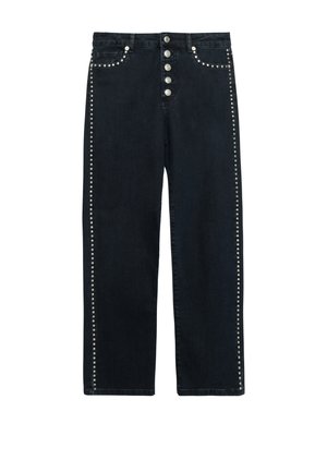 Donkerdenim broek met een rechte snit, vijf knopen aan de voorkant en zilveren studs langs de zijkanten voor extra detail.