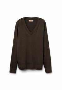 Brauner V-Ausschnitt-Pullover aus weichem Strickmaterial mit langen Ärmeln sowie gerippten Bündchen und Saum. Verfügt über eine lockere Passform und ein minimales Design.