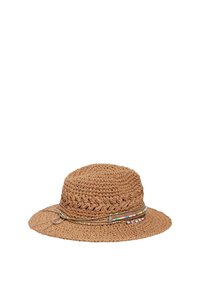 Chapeau de soleil tissé marron à large bord, décoré de bandes perlées colorées et de petites perles blanches formant le mot « SMILE ».