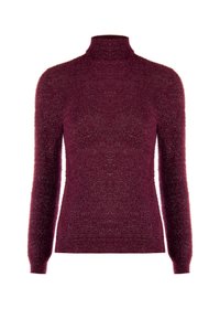 Maglione a collo alto bordeaux da donna, con maniche lunghe, dal tocco morbido e peloso e una sottile lucentezza metallica su sfondo bianco.