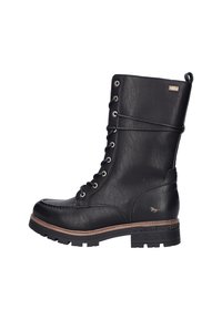 Zwarte leren enkelboot met vetersluiting, zilveren hardware, ronde neus, gestructureerde afwerking en bruine zoolaccent.