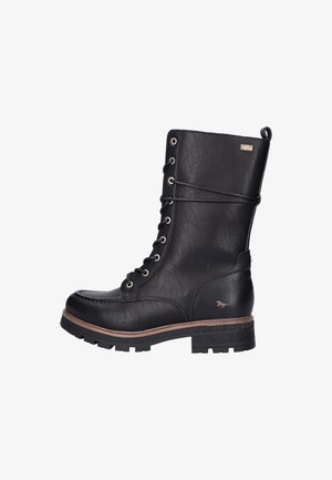 Zwarte leren enkelboot met vetersluiting, zilveren hardware, ronde neus, gestructureerde afwerking en bruine zoolaccent.