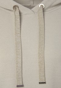 Lichtgrijze hoodie van een getextureerde stof. Kenmerkt zich door twee bijpassende trekkoorden met metalen uiteinden en oogjes, wat zorgt voor een minimalistisch ontwerp.