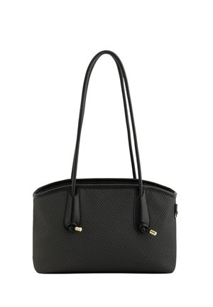 Schwarze, strukturierte, rechteckige Handtasche mit langen doppelten Schulterriemen und kleinen goldfarbenen Metallakzenten an den Enden der Riemen.