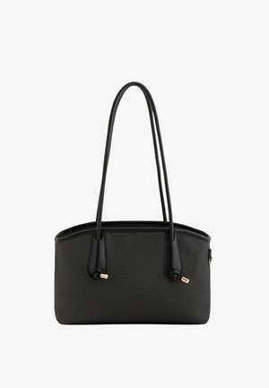 Geantă de mână dreptunghiulară texturată neagră, cu bretele duble lungi pentru umăr și mici accente din metal auriu pe capetele bretelelor.