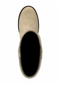 Beige suède enkellaars met een ronde neus en een donkerbruine zool. Beschikt over een zijbanddetail. Binnenkant is zwart.