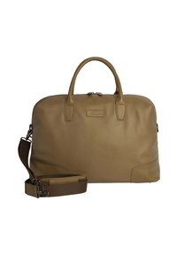 Borsa a tracolla in pelle color cuoio con manici doppi, tracolla rimovibile e chiusura con zip. Superficie texture, forma rettangolare e branding minimal.