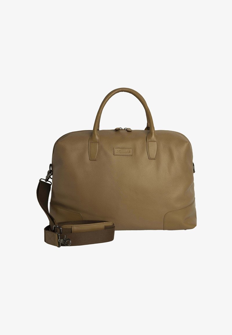 Borsa a tracolla in pelle color cuoio con manici doppi, tracolla rimovibile e chiusura con zip. Superficie texture, forma rettangolare e branding minimal.