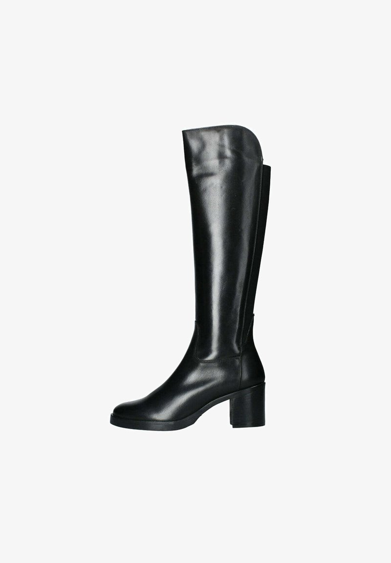 Stivale nero al ginocchio realizzato in pelle liscia, con tacco a blocco, punta rotonda e pannelli elasticizzati sui lati per una maggiore facilità di calzata.