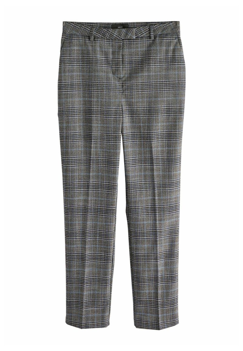 Pantalon à carreaux gris cintré avec une coupe droite et une fermeture éclair devant, doté de passants de ceinture et de poches latérales.