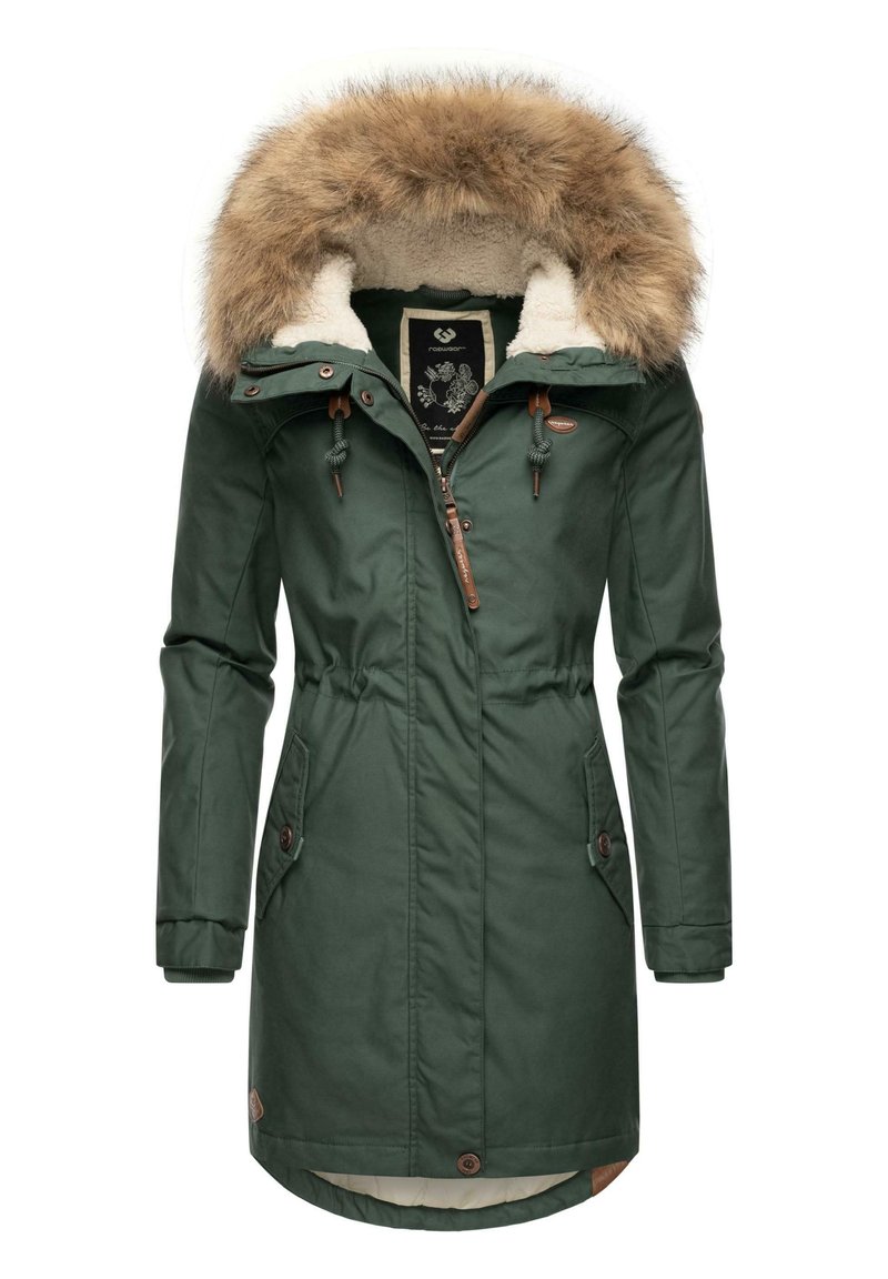 Green parka with a fur-lined hood, beige inner lining, adjustable drawstring waist, snap buttons, and two side pockets.