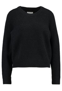 Zwarte lange mouw crewneck trui met een zachte, fuzzy textuur en ribgebreide manchetten en onderrand.