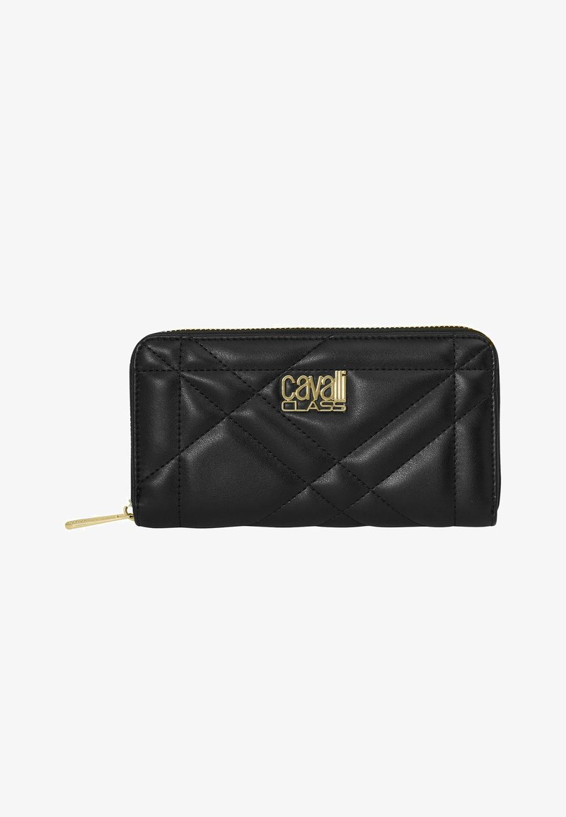 Cartera rectangular negra de cuero acolchada con cremallera dorada y logo dorado "Cavalli Class" en el centro delantero.