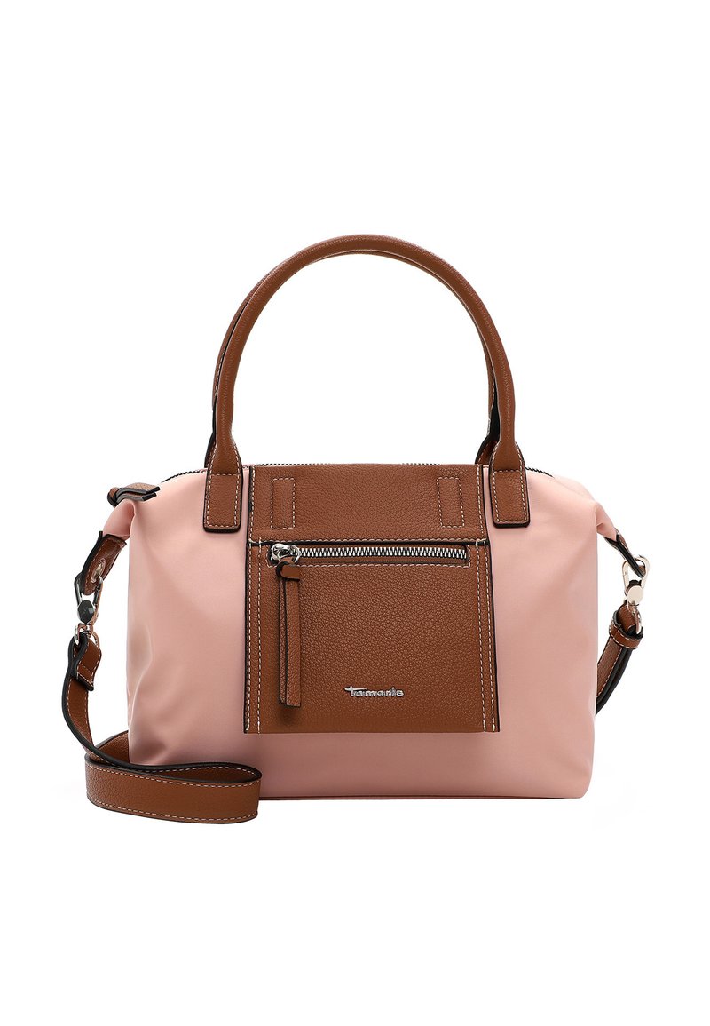 Roze en bruine handtas met bovenhandvatten, voorste ritsvak, afneembare schouderriem en zilveren Tamaris-logo op het vak.