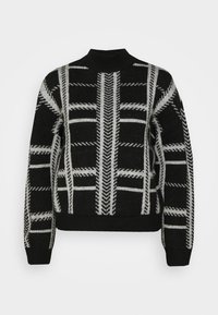 Czarny i szary sweter włóczkowy z geometrycznym wzorem, z wysokim dekoltem, długimi rękawami i ściągaczem u dołu.