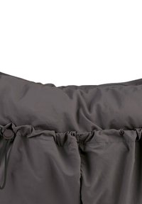 Gray outerwear featuring a gathered waist, drawcord details, and a smooth texture. The design is minimalistic with no visible hardware.