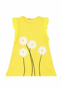 Gul ärmlös topp med vita blommor i applikationer med svarta stjälkar och accenter, framhävd av prickiga volanger på axlarna.