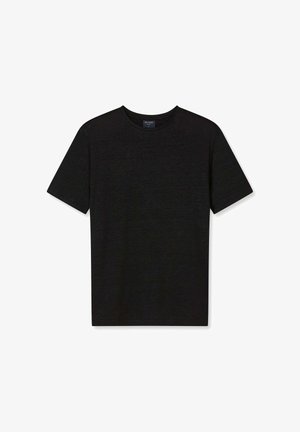 Maglietta nera a maniche corte con scollo girocollo e una sottile trama mélange, distesa su uno sfondo bianco.