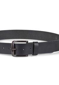 Svart läderbälte med en slät yta, utrustat med en rektangulär metallspänne och fem justerbara hål för fastsättning.