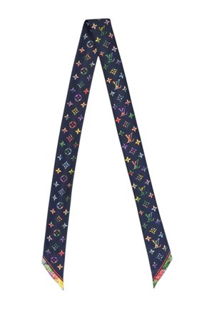 Lang sort tørklæde med farverige Louis Vuitton monogrammønstre og "Louis Vuitton" tekst for enderne.