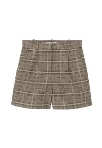 Shorts à carreaux dans des tons bruns avec un tissu texturé. Comprend une taille haute, deux poches latérales et un design plissé à l'avant.