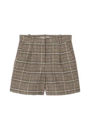 Shorts à carreaux dans des tons bruns avec un tissu texturé. Comprend une taille haute, deux poches latérales et un design plissé à l'avant.