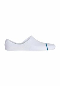 Calcetín blanco sin visibilidad con una textura suave, que presenta una línea de acento en color teal cerca del dedo del pie, y un diseño de corte bajo para un uso discreto.