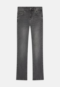 Grå denimjeans med rett benklipp, med knappelås, frontlommer og subtile falminger langs bena.