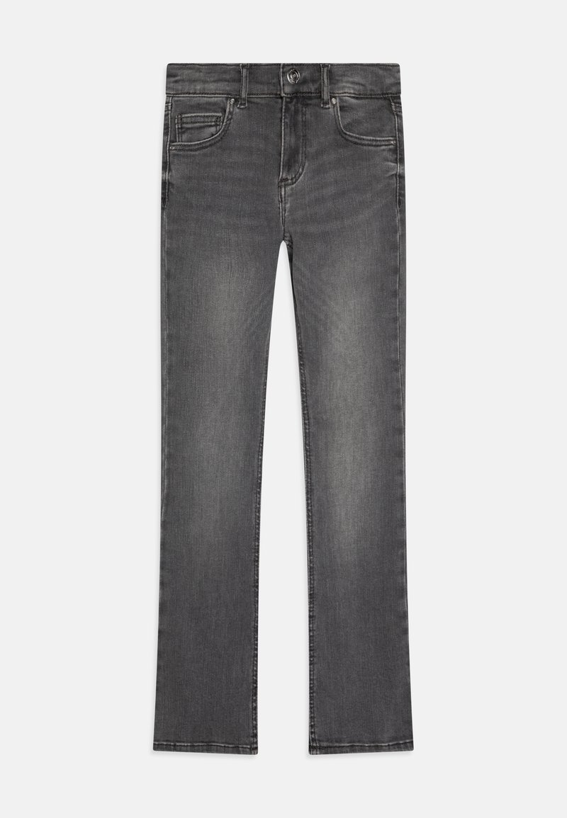 Grå denimjeans med rett benklipp, med knappelås, frontlommer og subtile falminger langs bena.
