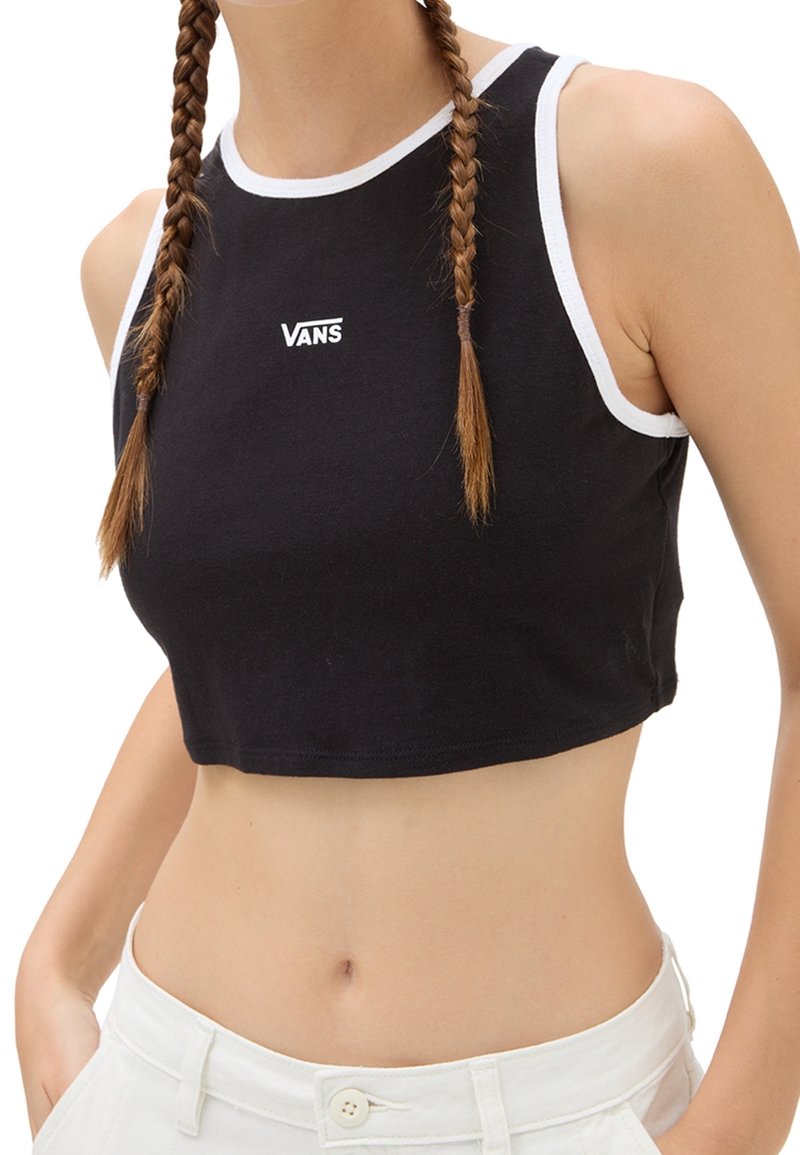 Débardeur noir raccourci avec bordure blanche au col, présentant un petit logo Vans blanc à l'avant. Matière en coton, design ajusté.