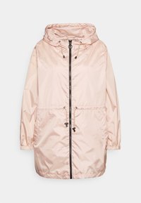 Vaaleanpunainen, kevyt takkikaulus hupulla, etuvetoketjulla, kiristettävällä vyötäröllä ja joustavilla hihoilla; sileä, kiiltävä kangas.