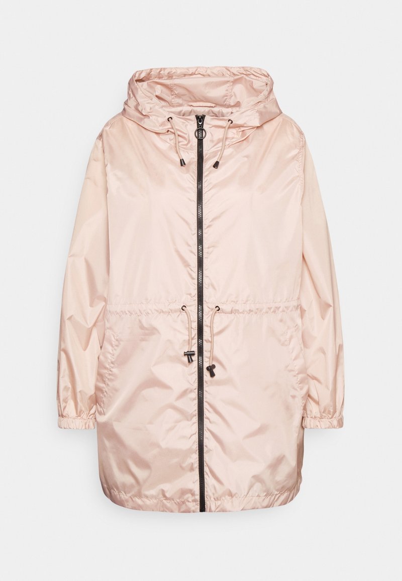 Vaaleanpunainen, kevyt takkikaulus hupulla, etuvetoketjulla, kiristettävällä vyötäröllä ja joustavilla hihoilla; sileä, kiiltävä kangas.