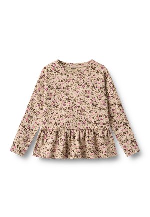 Beiges Langarmoberteil mit braunem und rosa floralen Muster, rundem Ausschnitt und gerafftem Saum auf Taillenhöhe.