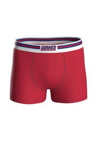 Boxer rossi in tessuto morbido, con elastico in vita bianco con strisce blu e rosse e la scritta "GIANTS" in caratteri in grassetto.