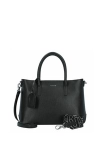 Schwarze synthetische Handtasche mit zwei Griffen, einem abnehmbaren Schulterriemen, strukturiertem Finish und Logo-Detail. Inklusive passendem Anhänger.